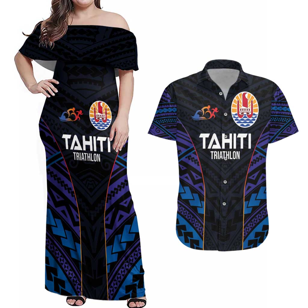 Personalised Tahiti Triathlon Polynesian Pattern Couples Matching Off Shoulder Maxi Dress and Hawaiian Shirt