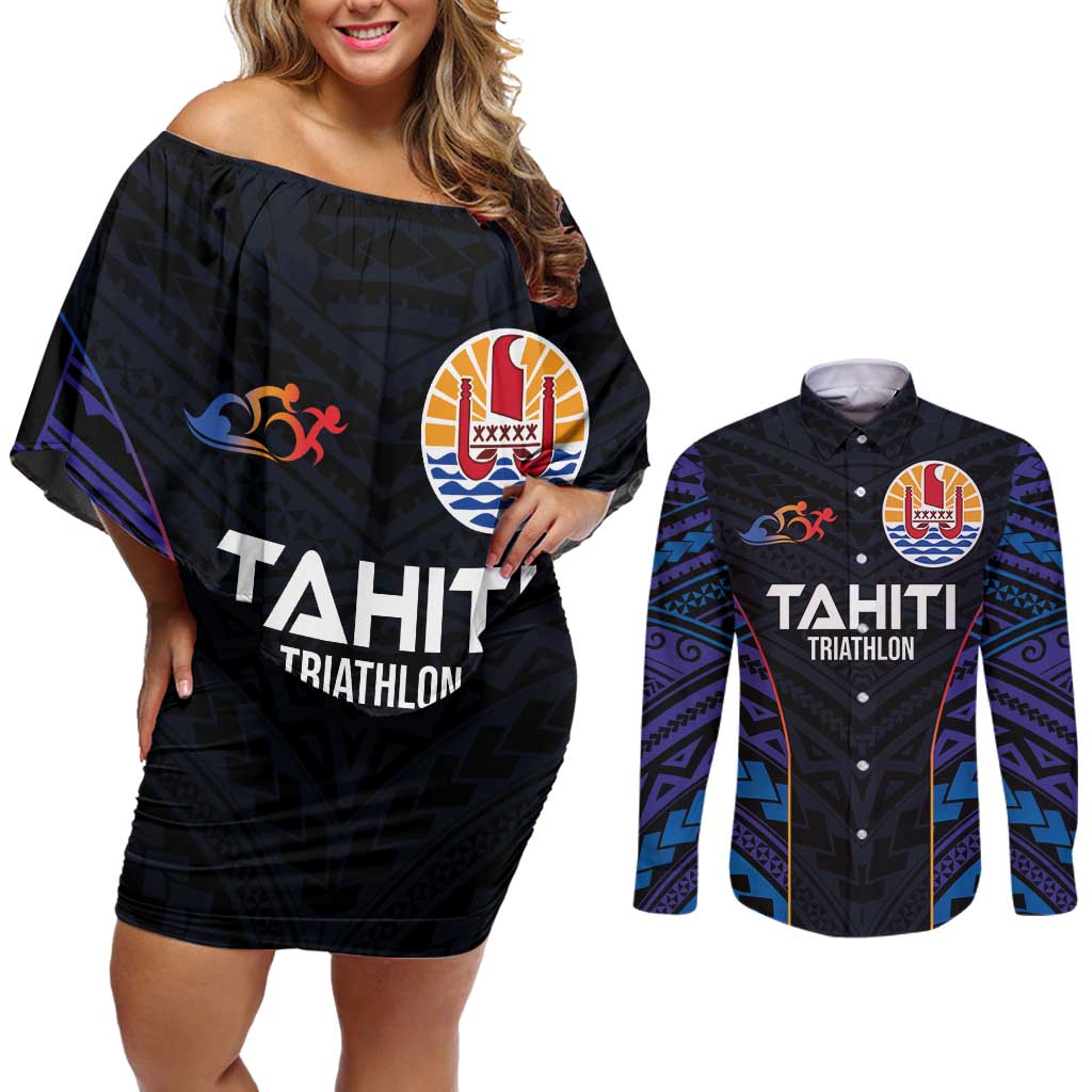 Personalised Tahiti Triathlon Polynesian Pattern Couples Matching Off Shoulder Short Dress and Long Sleeve Button Shirt