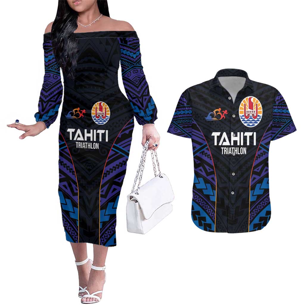 Personalised Tahiti Triathlon Polynesian Pattern Couples Matching Off The Shoulder Long Sleeve Dress and Hawaiian Shirt