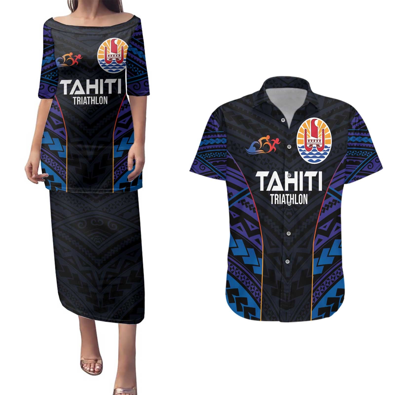 Personalised Tahiti Triathlon Polynesian Pattern Couples Matching Puletasi and Hawaiian Shirt