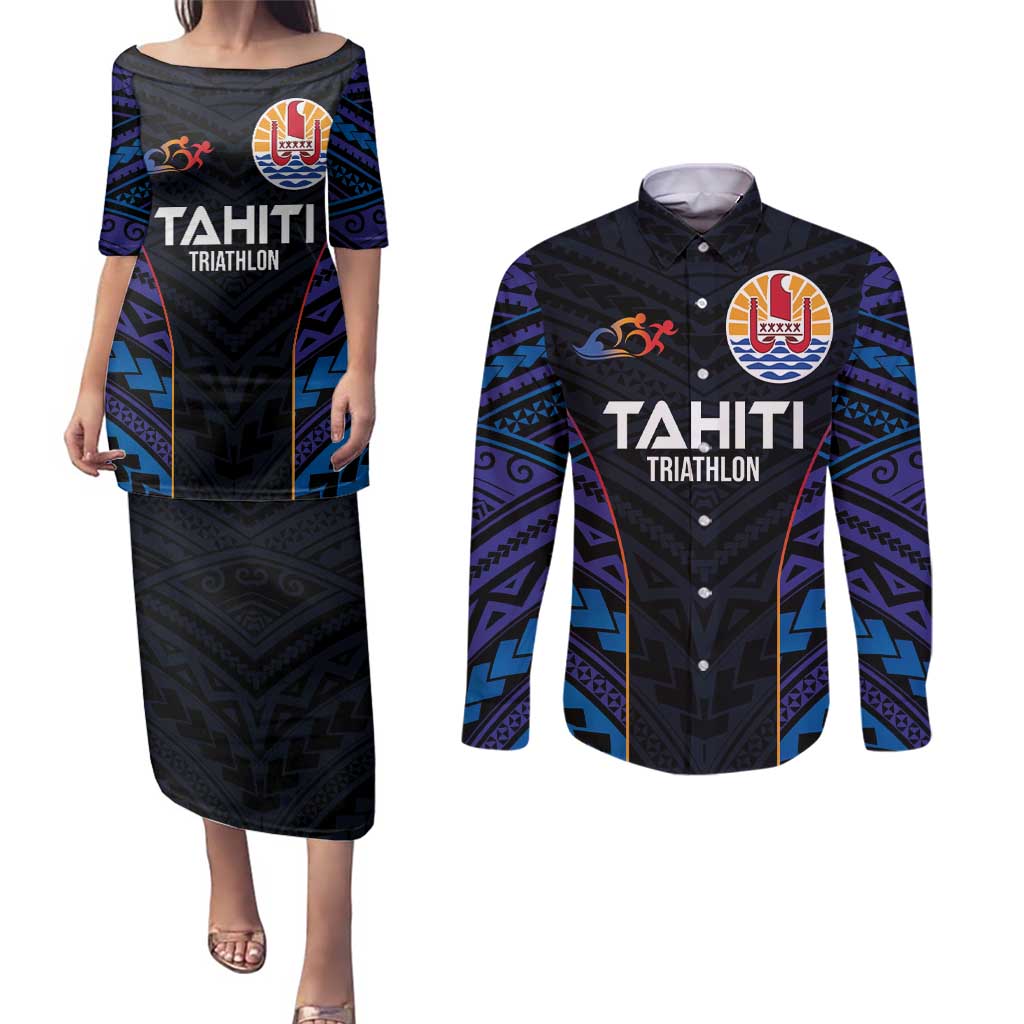 Personalised Tahiti Triathlon Polynesian Pattern Couples Matching Puletasi and Long Sleeve Button Shirt