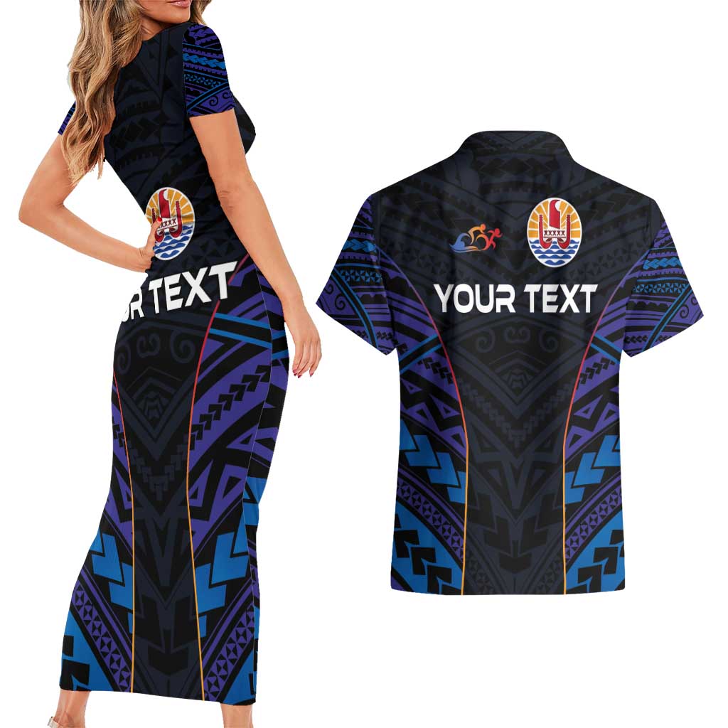 Personalised Tahiti Triathlon Polynesian Pattern Couples Matching Short Sleeve Bodycon Dress and Hawaiian Shirt