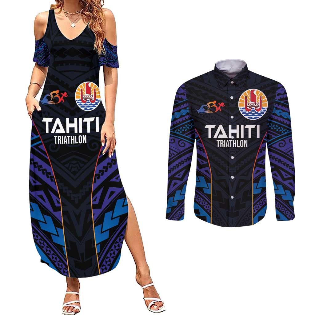 Personalised Tahiti Triathlon Polynesian Pattern Couples Matching Summer Maxi Dress and Long Sleeve Button Shirt