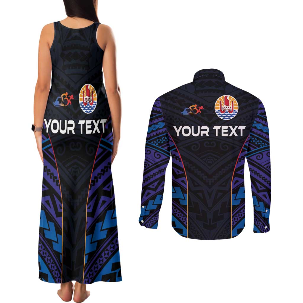 Personalised Tahiti Triathlon Polynesian Pattern Couples Matching Tank Maxi Dress and Long Sleeve Button Shirt