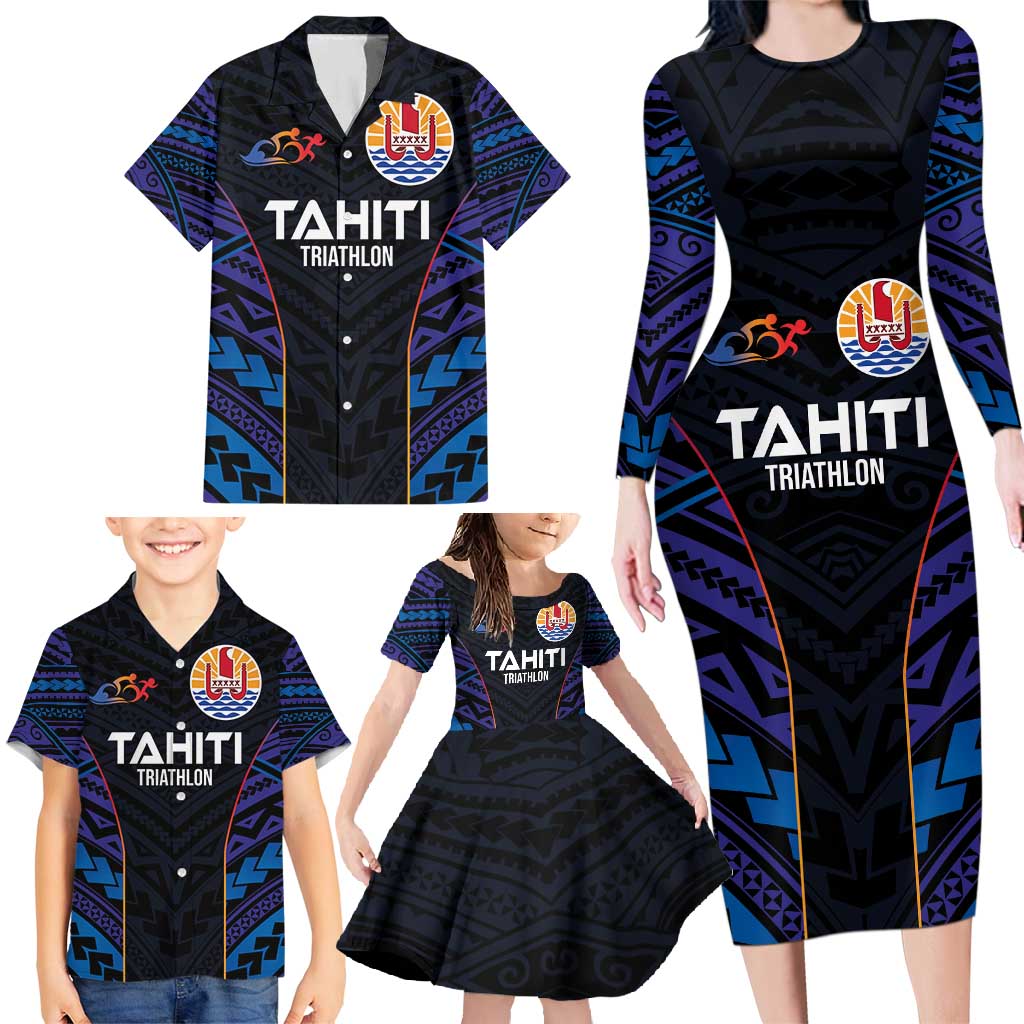 Personalised Tahiti Triathlon Polynesian Pattern Family Matching Long Sleeve Bodycon Dress and Hawaiian Shirt