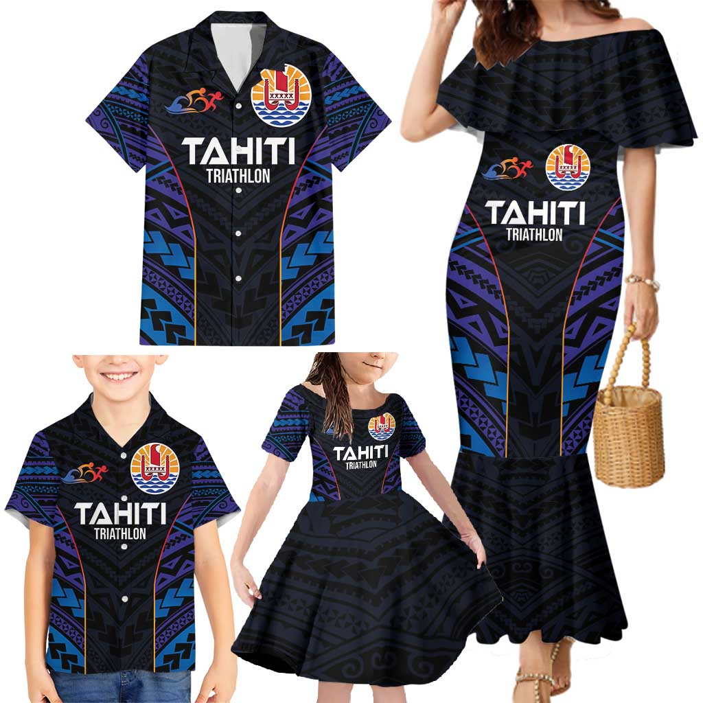 Personalised Tahiti Triathlon Polynesian Pattern Family Matching Mermaid Dress and Hawaiian Shirt