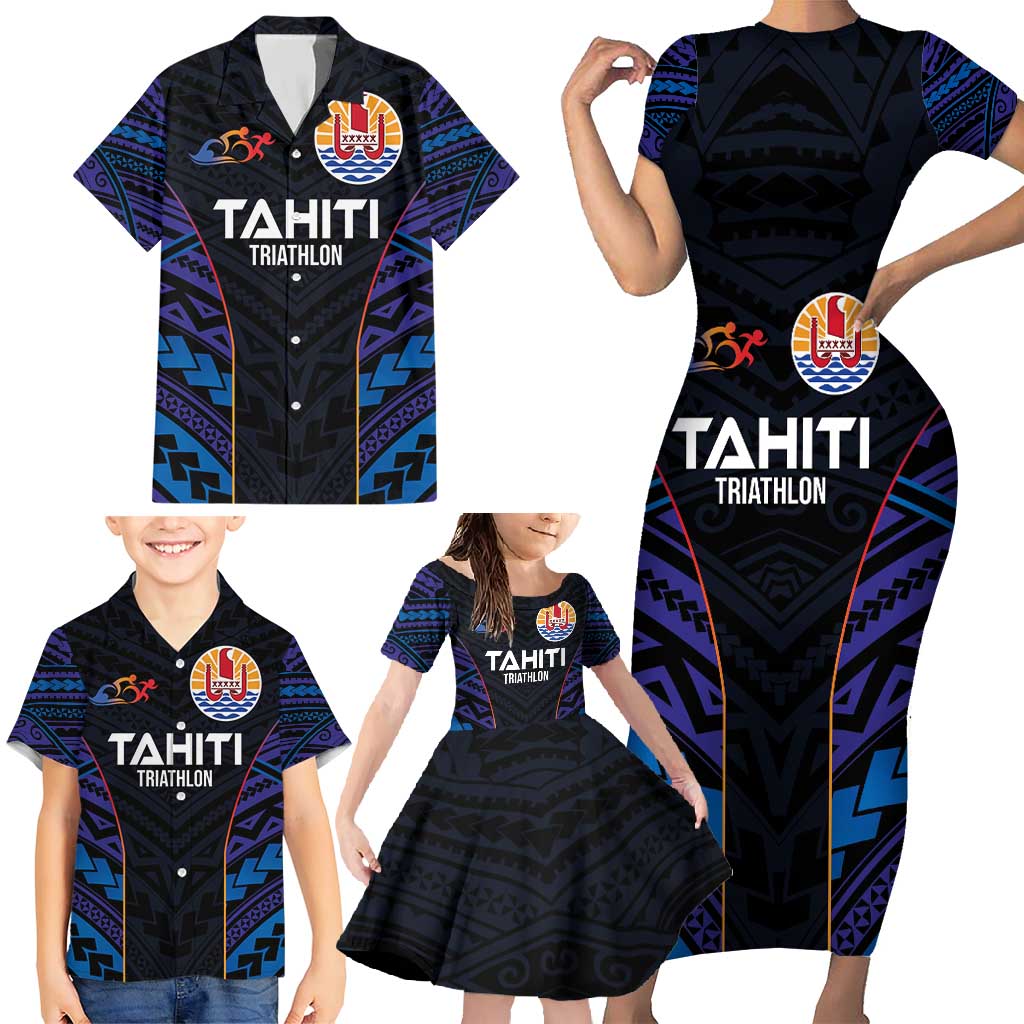 Personalised Tahiti Triathlon Polynesian Pattern Family Matching Short Sleeve Bodycon Dress and Hawaiian Shirt