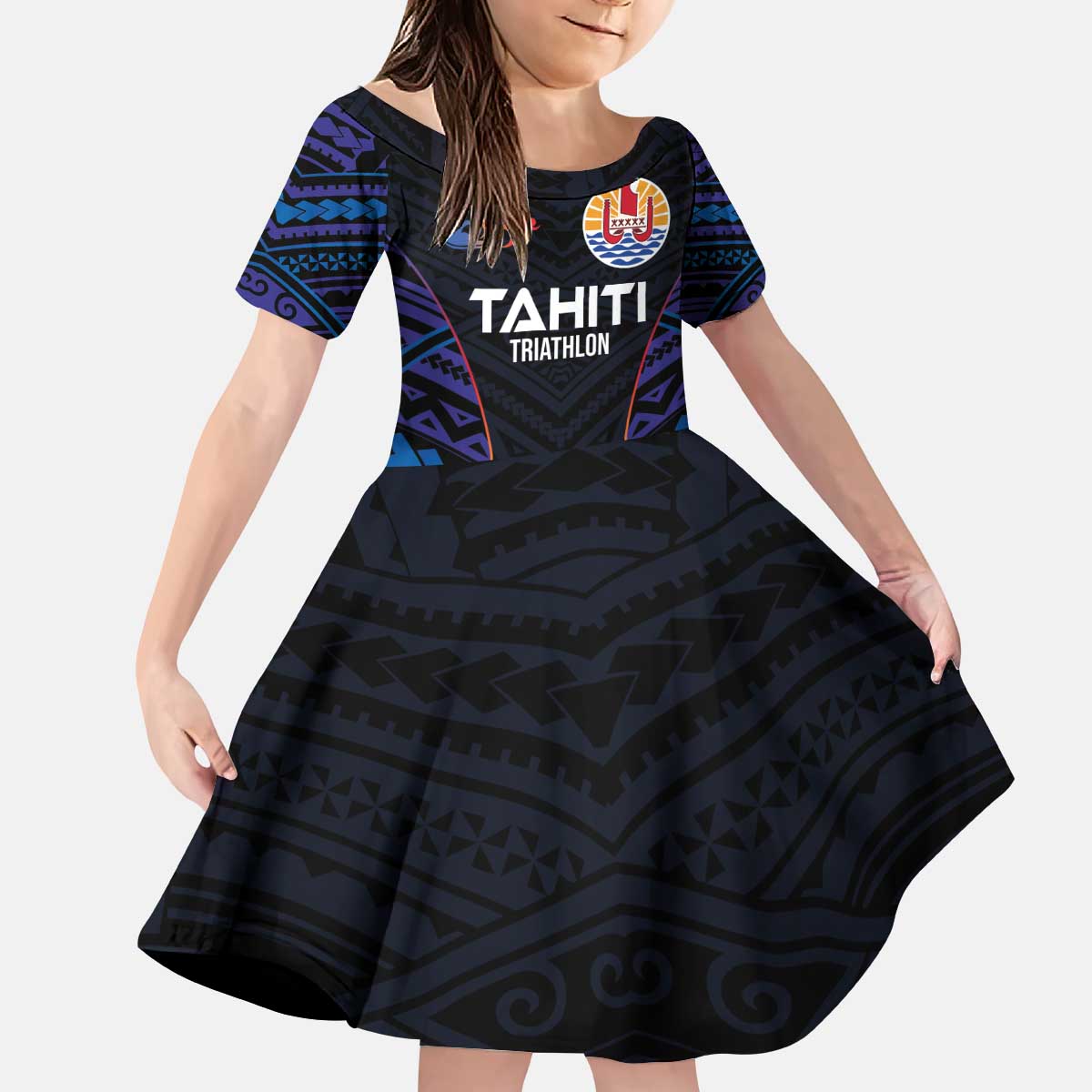 Personalised Tahiti Triathlon Polynesian Pattern Kid Short Sleeve Dress