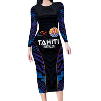 Personalised Tahiti Triathlon Polynesian Pattern Long Sleeve Bodycon Dress