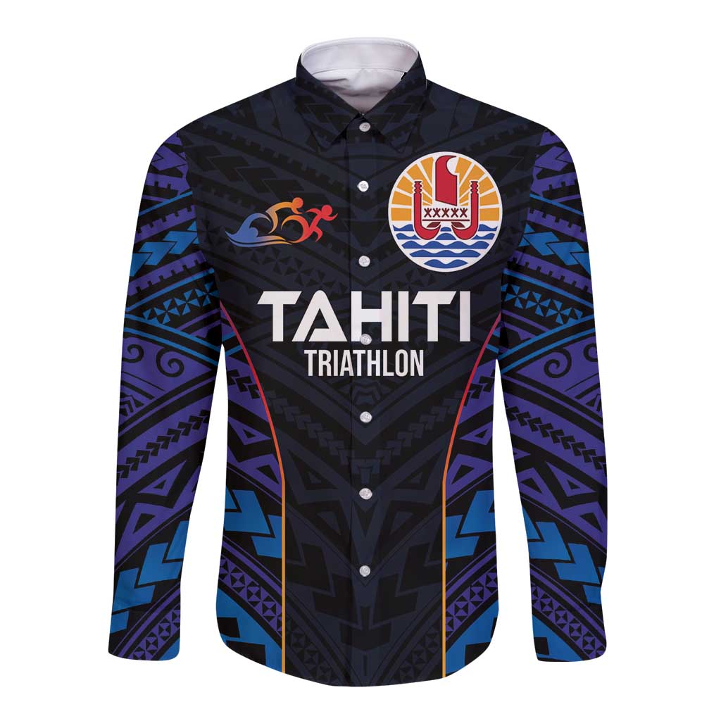 Personalised Tahiti Triathlon Polynesian Pattern Long Sleeve Button Shirt