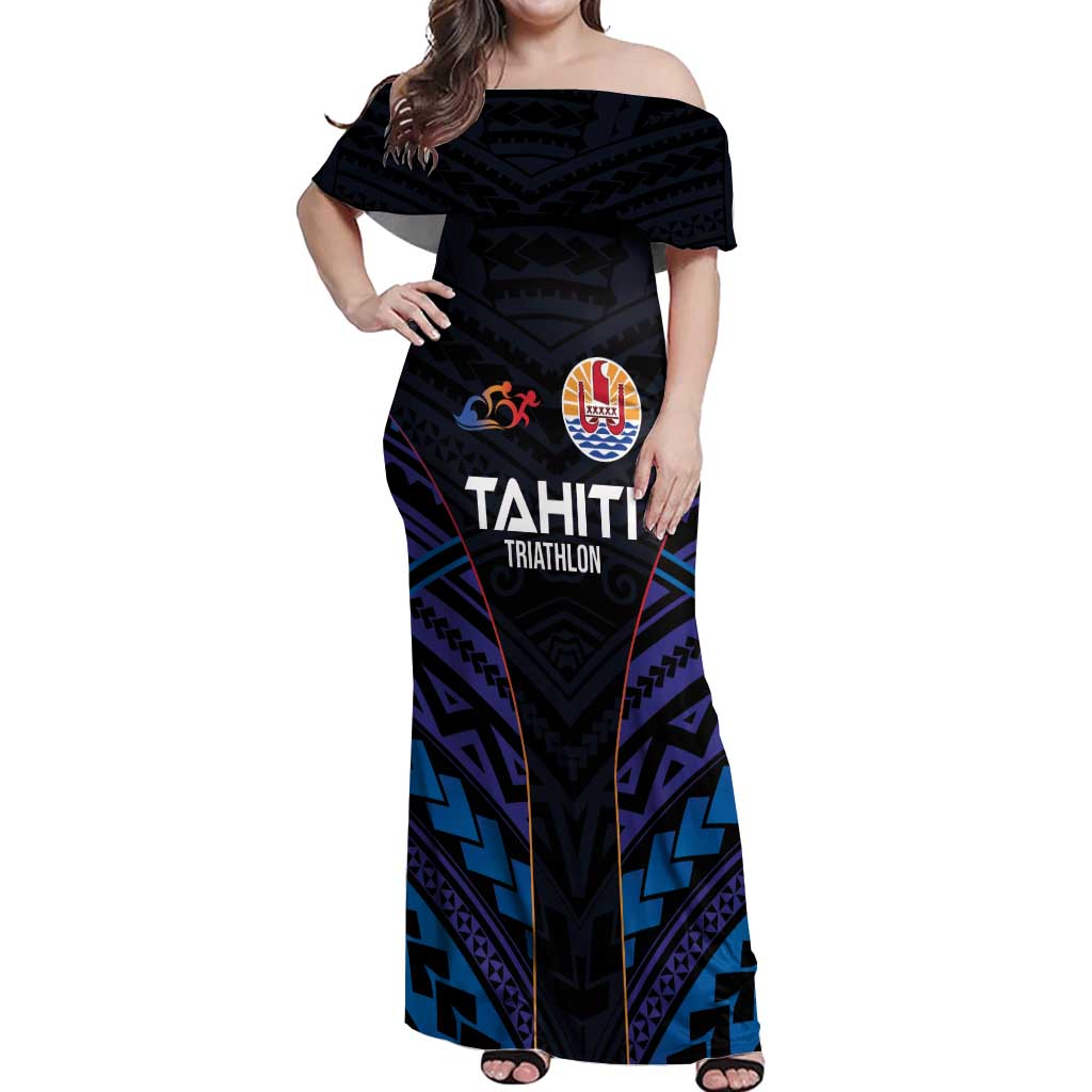 Personalised Tahiti Triathlon Polynesian Pattern Off Shoulder Maxi Dress