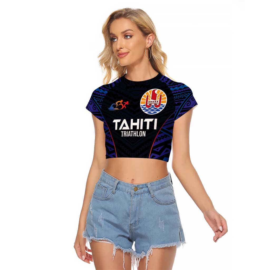 Personalised Tahiti Triathlon Polynesian Pattern Raglan Cropped T Shirt