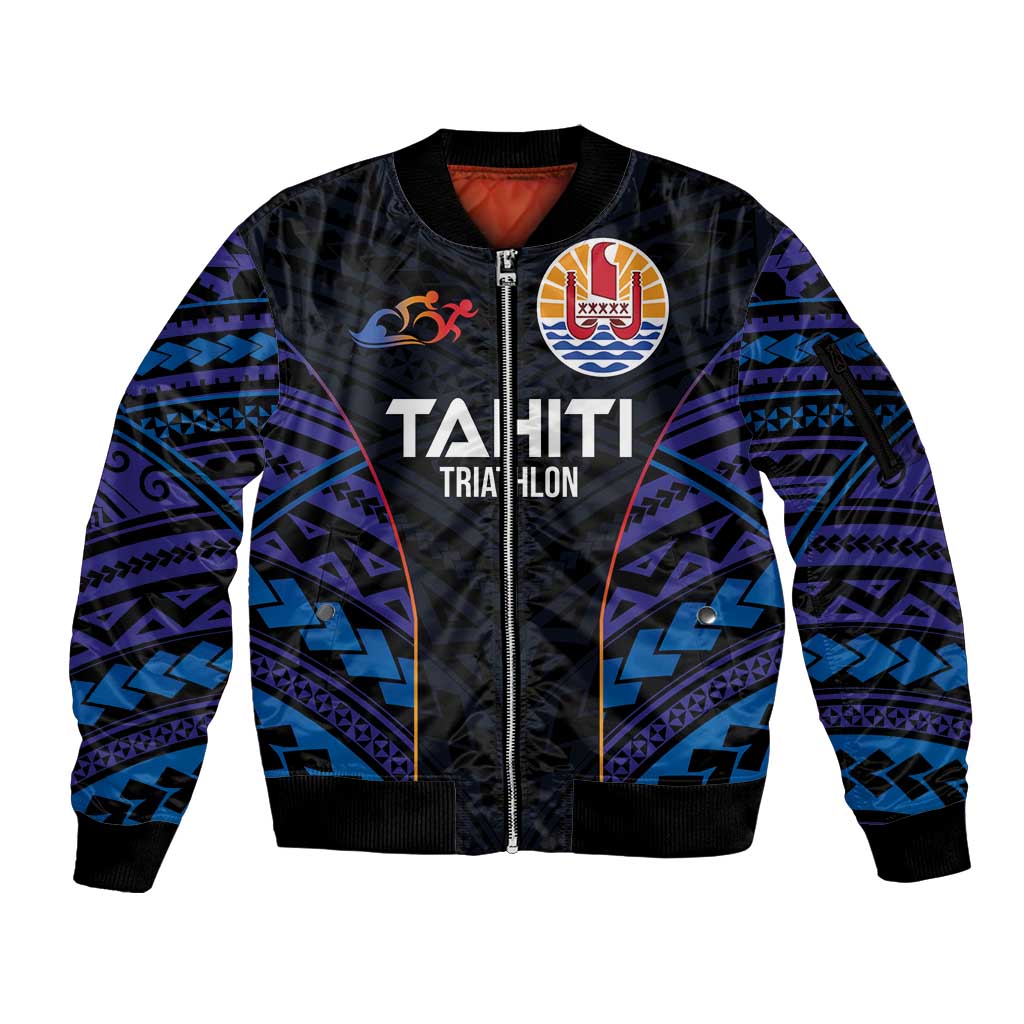 Personalised Tahiti Triathlon Polynesian Pattern Sleeve Zip Bomber Jacket