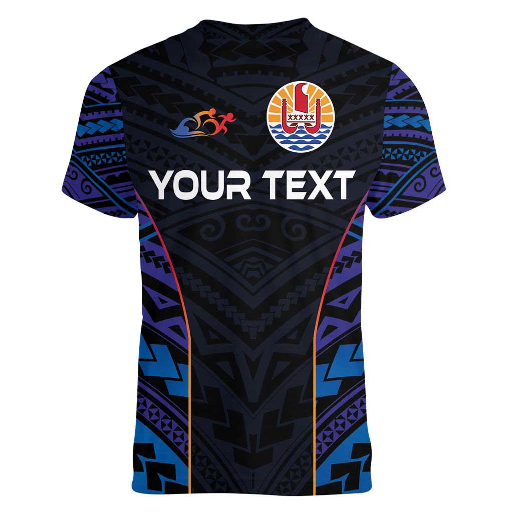 Personalised Tahiti Triathlon Polynesian Pattern Women V-Neck T-Shirt