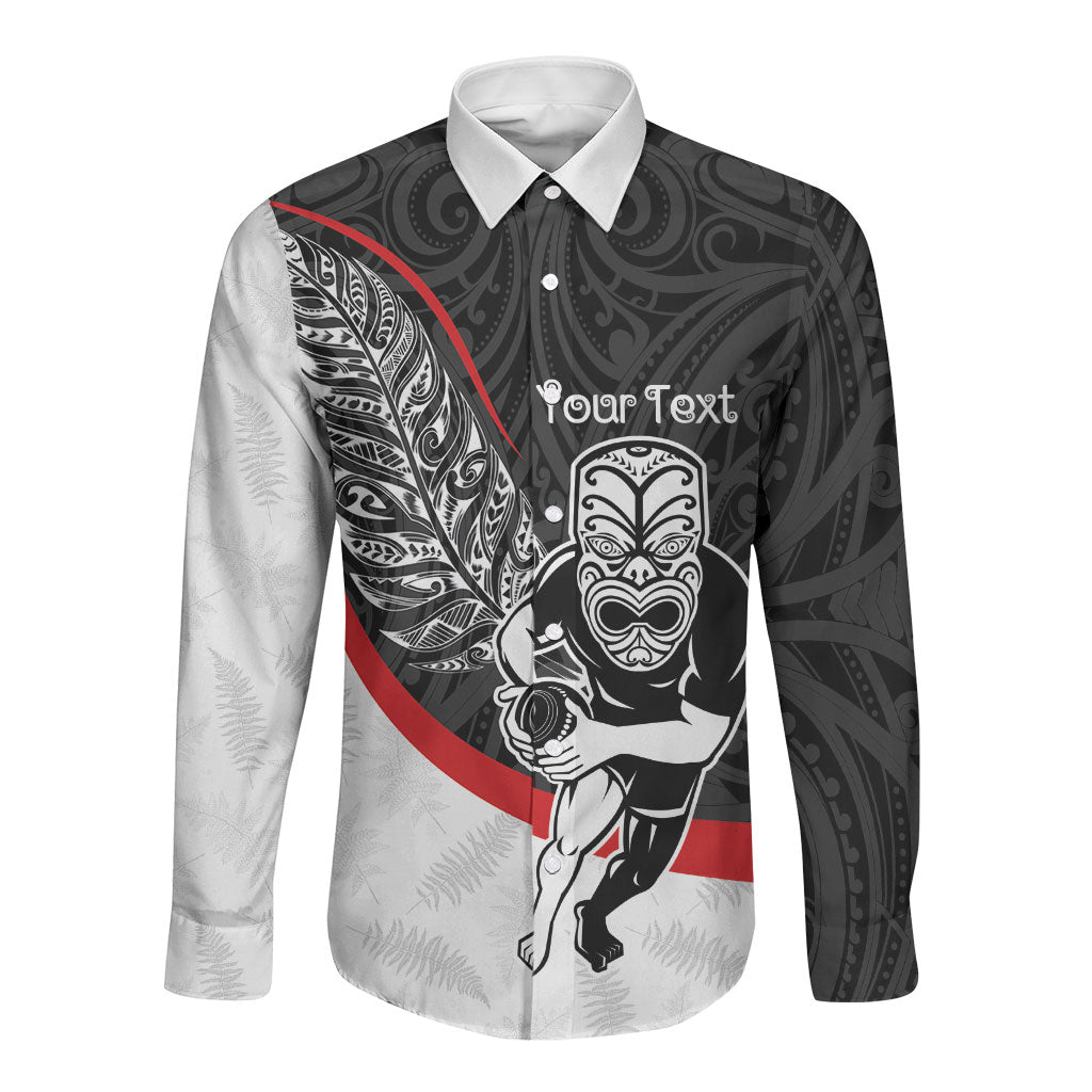 Personalised Aotearoa Lawn Bowls Long Sleeve Button Shirt Maori Warrior and Silver Fern Sporty Style LT03 Unisex Black - Polynesian Pride