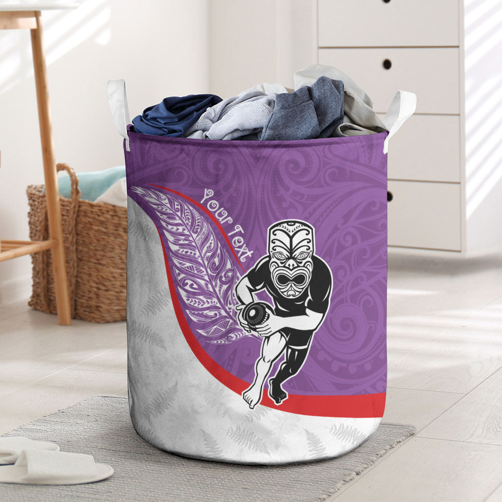 Personalised Aotearoa Lawn Bowls Laundry Basket Maori Warrior and Silver Fern Sporty Style Purple