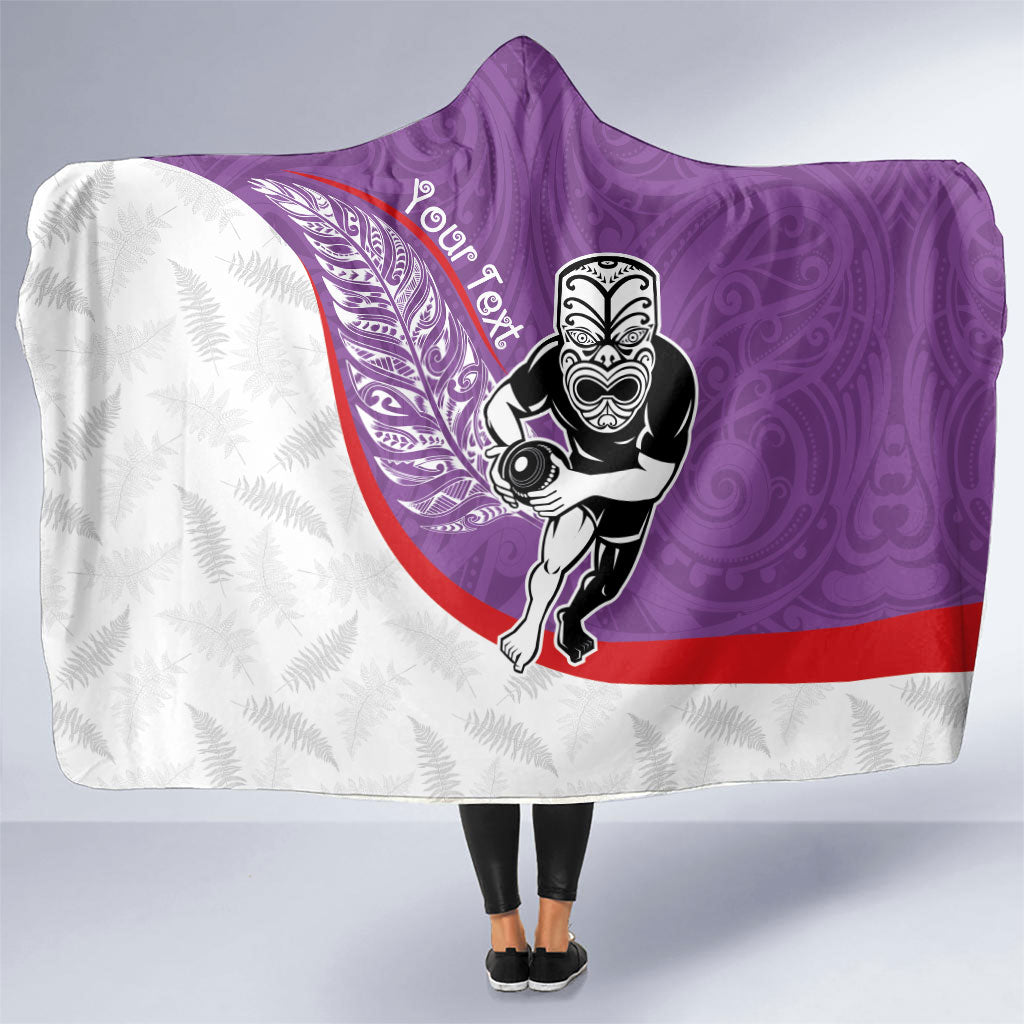 Personalised Aotearoa Lawn Bowls Hooded Blanket Maori Warrior and Silver Fern Sporty Style Purple