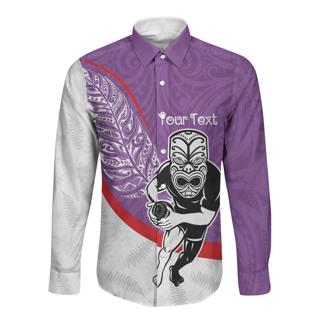 Personalised Aotearoa Lawn Bowls Long Sleeve Button Shirt Maori Warrior and Silver Fern Sporty Style Purple LT03 Unisex Purple - Polynesian Pride