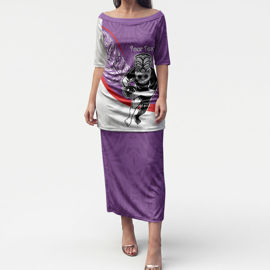 Personalised Aotearoa Lawn Bowls Puletasi Maori Warrior and Silver Fern Sporty Style Purple LT03 Long Dress Purple - Polynesian Pride
