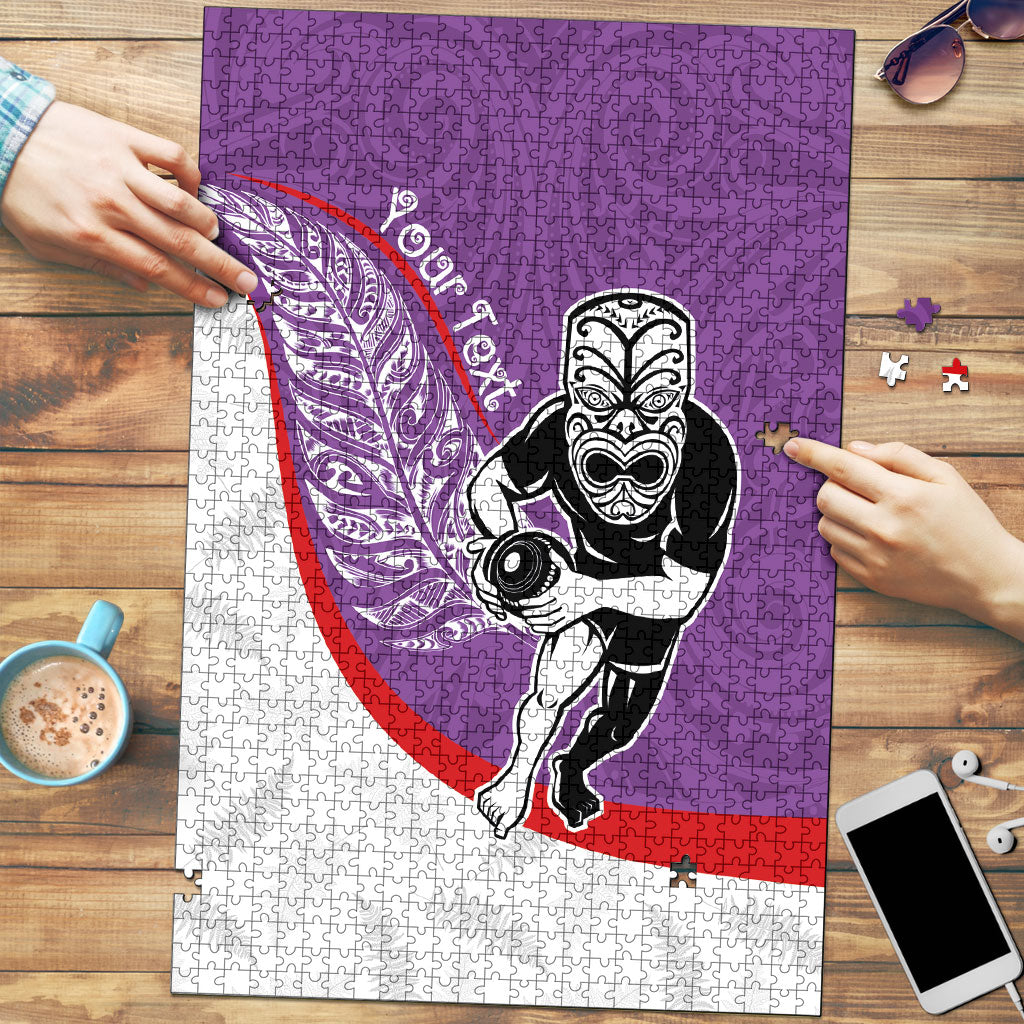 Personalised Aotearoa Lawn Bowls Puzzle Maori Warrior and Silver Fern Sporty Style Purple LT03 Purple - Polynesian Pride