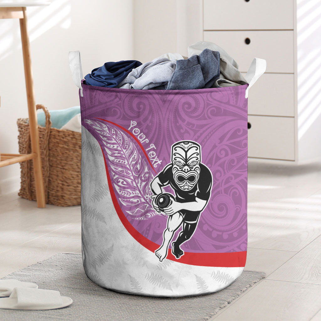 Personalised Aotearoa Lawn Bowls Laundry Basket Maori Warrior and Silver Fern Sporty Style Pink