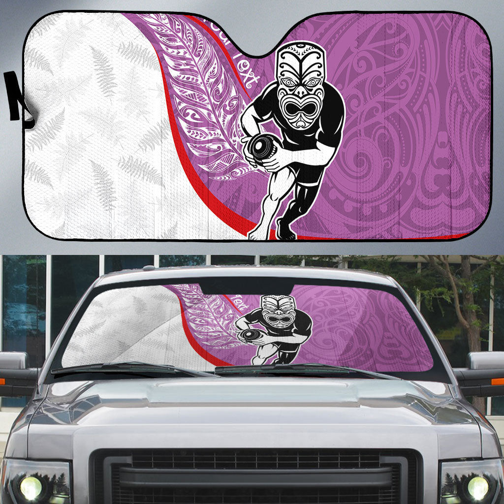 Personalised Aotearoa Lawn Bowls Auto Sun Shade Maori Warrior and Silver Fern Sporty Style Pink LT03 Pink - Polynesian Pride