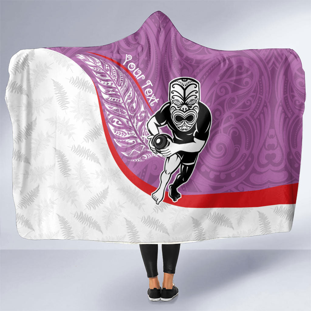 Personalised Aotearoa Lawn Bowls Hooded Blanket Maori Warrior and Silver Fern Sporty Style Pink