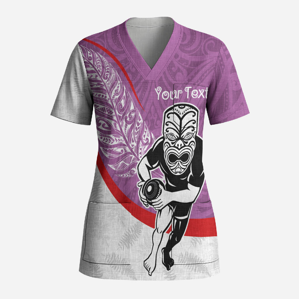 Personalised Aotearoa Lawn Bowls Scrub Top Maori Warrior and Silver Fern Sporty Style Pink