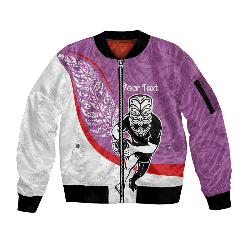 Personalised Aotearoa Lawn Bowls Sleeve Zip Bomber Jacket Maori Warrior and Silver Fern Sporty Style Pink LT03 Unisex Pink - Polynesian Pride