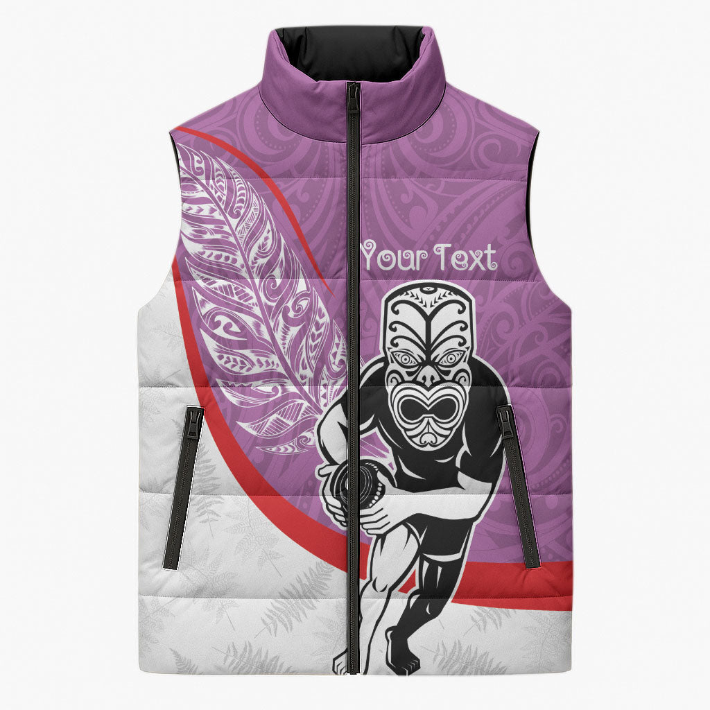 Personalised Aotearoa Lawn Bowls Sleeveless Puffer Jacket Maori Warrior and Silver Fern Sporty Style Pink LT03 Unisex Pink - Polynesian Pride