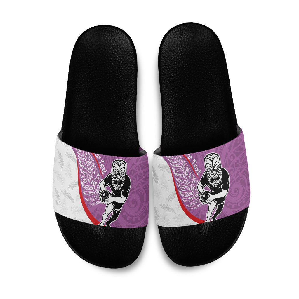 Personalised Aotearoa Lawn Bowls Slide Sandals Maori Warrior and Silver Fern Sporty Style Pink LT03 Pink - Polynesian Pride