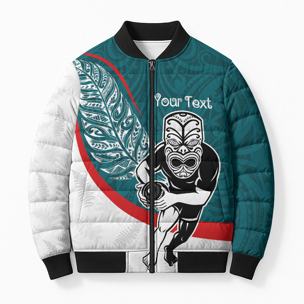 Personalised Aotearoa Lawn Bowls Bomber Puffer Jacket Maori Warrior and Silver Fern Sporty Style Teal