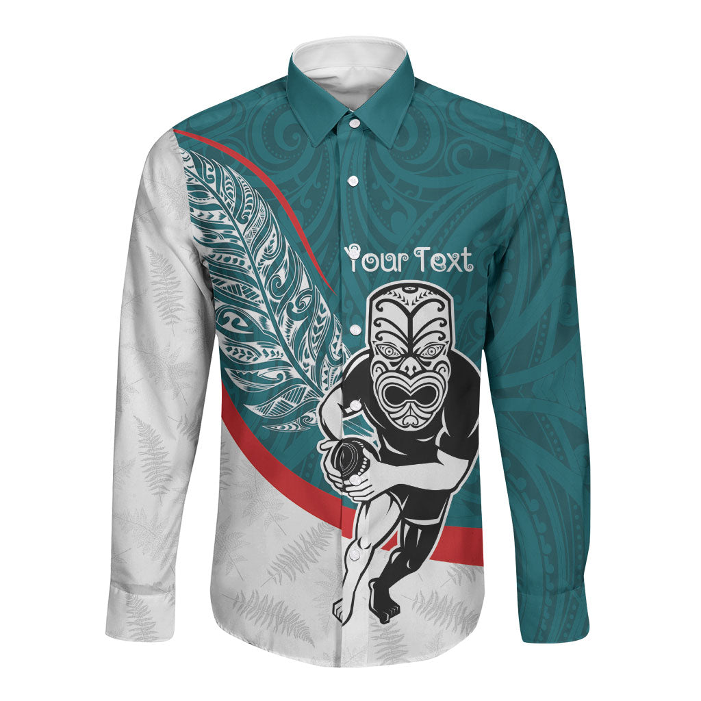 Personalised Aotearoa Lawn Bowls Long Sleeve Button Shirt Maori Warrior and Silver Fern Sporty Style Teal LT03 Unisex Teal - Polynesian Pride