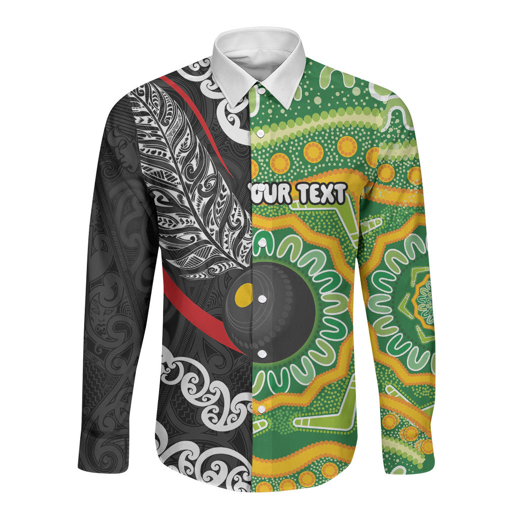 Personalised Aotearoa and Australia Lawn Bowls Long Sleeve Button Shirt Maori Fern and Aboriginal Pattern LT03 Unisex Multicolor - Polynesian Pride