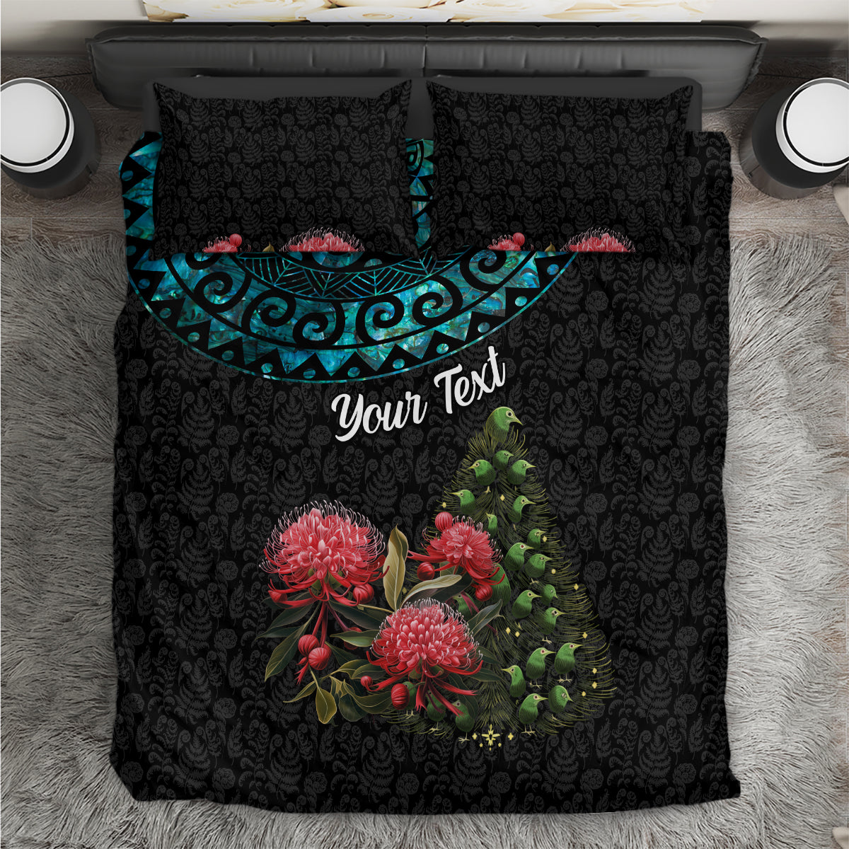 Personalized New Zealand Christmas Bedding Set Maori Santa Pikorua and Pohutukawa Meri Kirihimete LT03 Black - Polynesian Pride