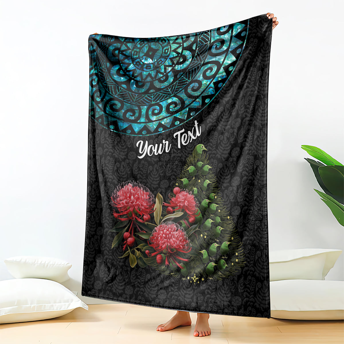 Personalized New Zealand Christmas Blanket Maori Santa Pikorua and Pohutukawa Meri Kirihimete LT03 Black - Polynesian Pride