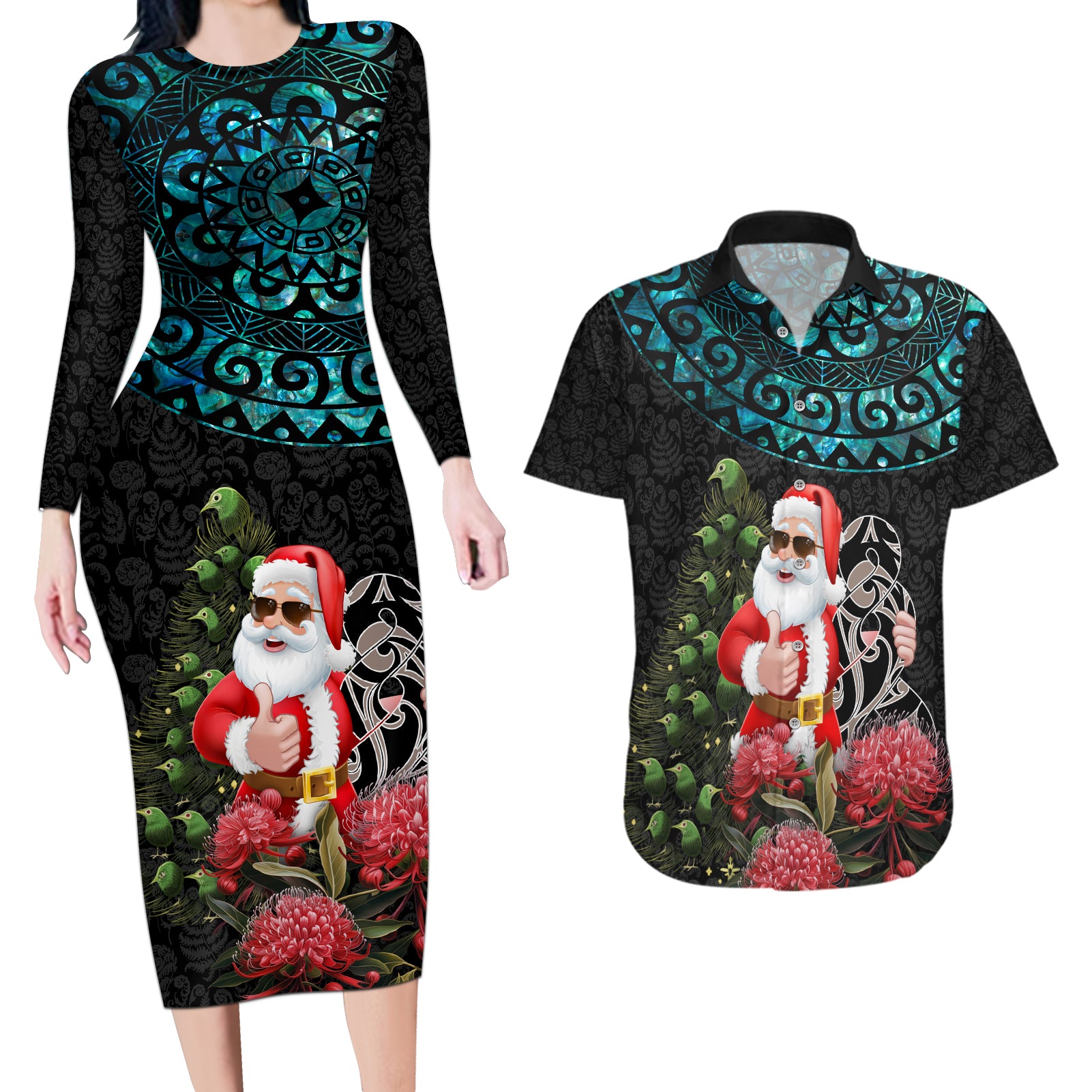 Personalized New Zealand Christmas Couples Matching Long Sleeve Bodycon Dress and Hawaiian Shirt Maori Santa Pikorua and Pohutukawa Meri Kirihimete LT03 Black - Polynesian Pride