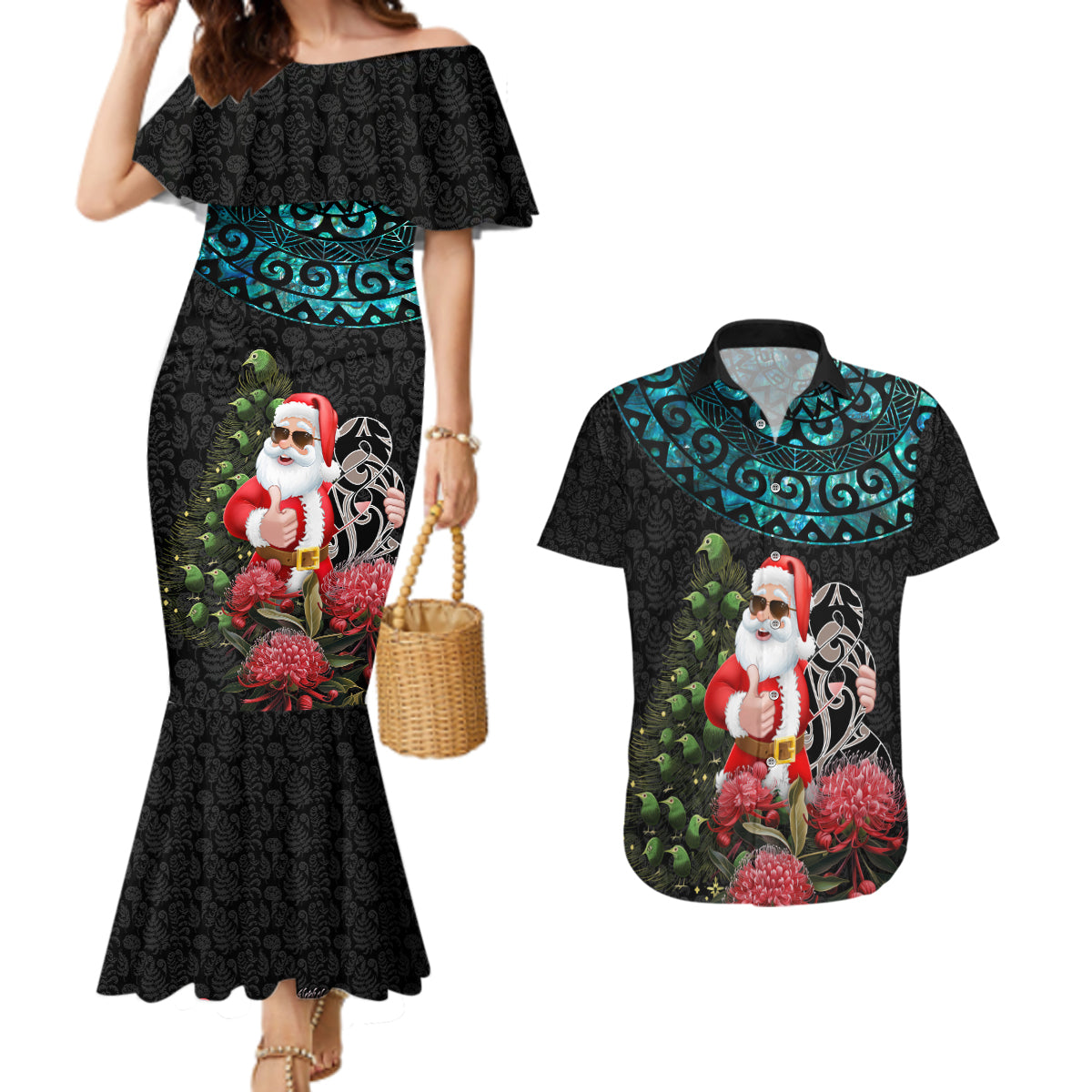 Personalized New Zealand Christmas Couples Matching Mermaid Dress and Hawaiian Shirt Maori Santa Pikorua and Pohutukawa Meri Kirihimete LT03 Black - Polynesian Pride