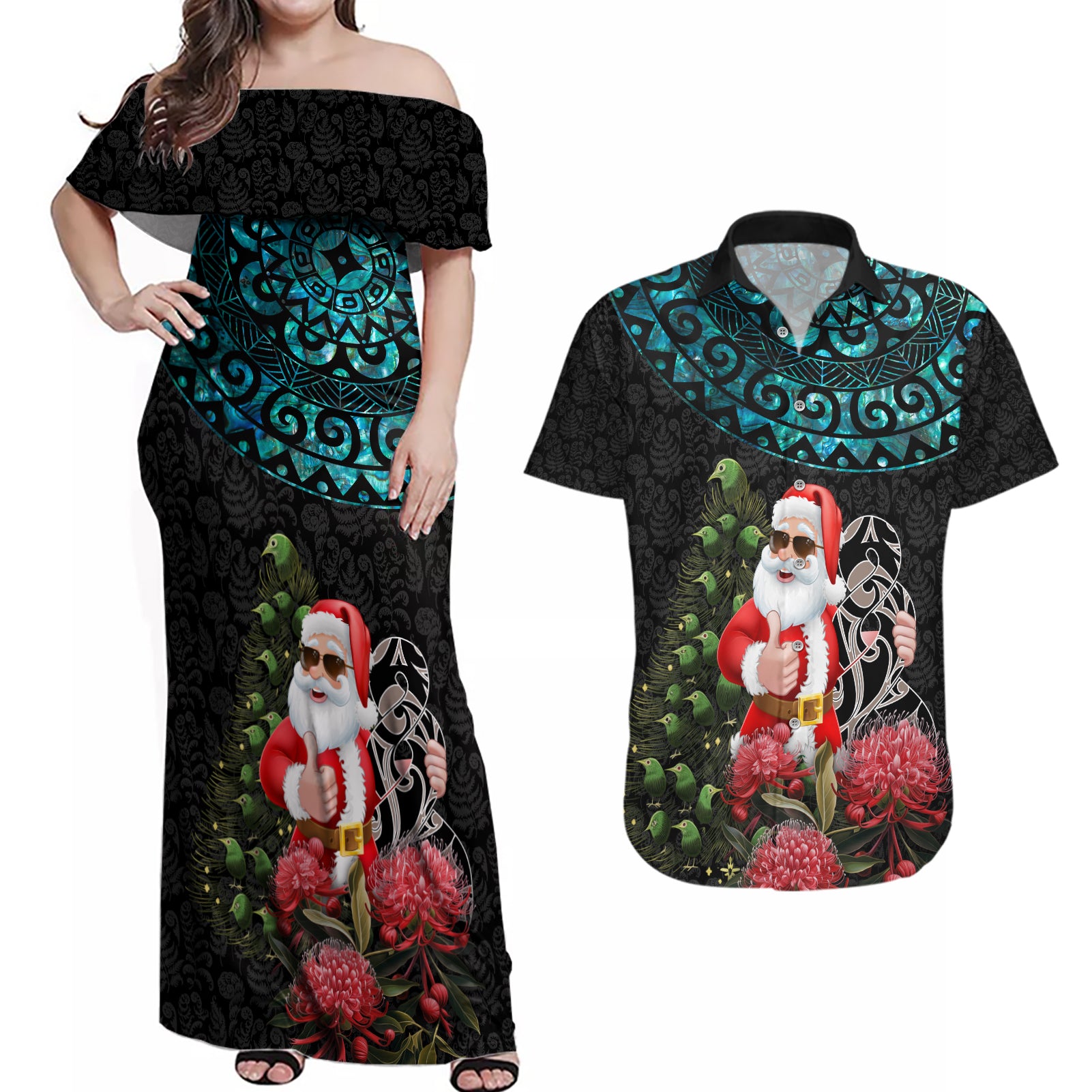 Personalized New Zealand Christmas Couples Matching Off Shoulder Maxi Dress and Hawaiian Shirt Maori Santa Pikorua and Pohutukawa Meri Kirihimete LT03 Black - Polynesian Pride