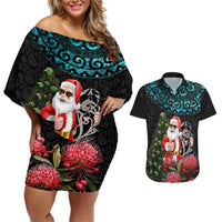 Personalized New Zealand Christmas Couples Matching Off Shoulder Short Dress and Hawaiian Shirt Maori Santa Pikorua and Pohutukawa Meri Kirihimete LT03 Black - Polynesian Pride