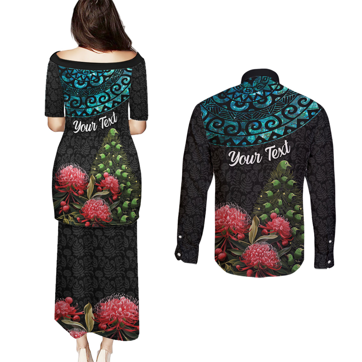 Personalized New Zealand Christmas Couples Matching Puletasi Dress and Long Sleeve Button Shirt Maori Santa Pikorua and Pohutukawa Meri Kirihimete LT03 - Polynesian Pride