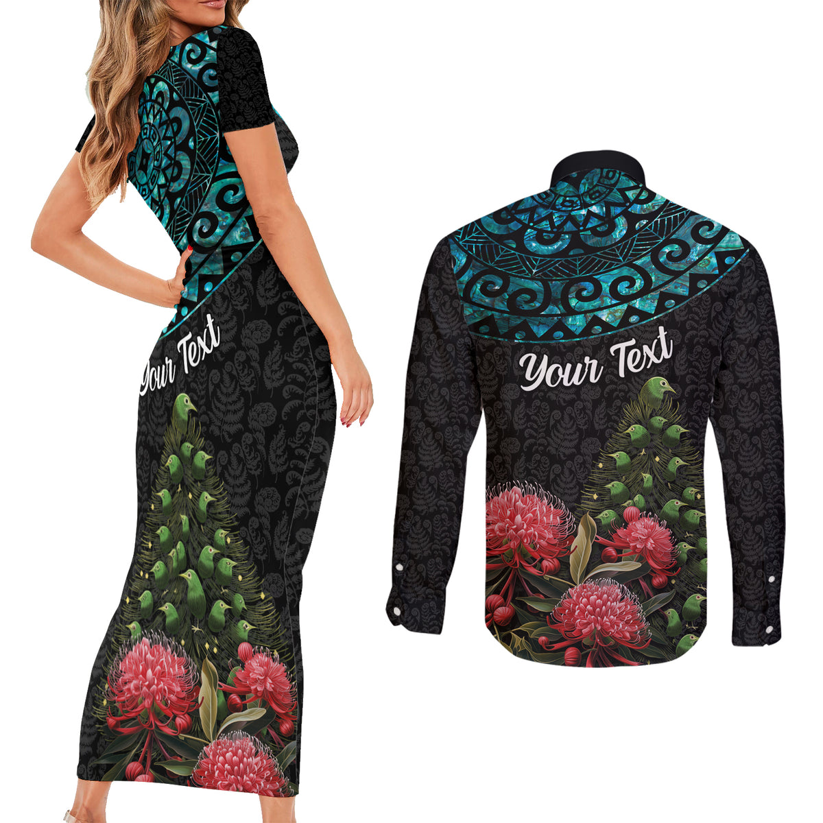Personalized New Zealand Christmas Couples Matching Short Sleeve Bodycon Dress and Long Sleeve Button Shirt Maori Santa Pikorua and Pohutukawa Meri Kirihimete LT03 - Polynesian Pride
