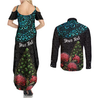 Personalized New Zealand Christmas Couples Matching Summer Maxi Dress and Long Sleeve Button Shirt Maori Santa Pikorua and Pohutukawa Meri Kirihimete LT03 - Polynesian Pride