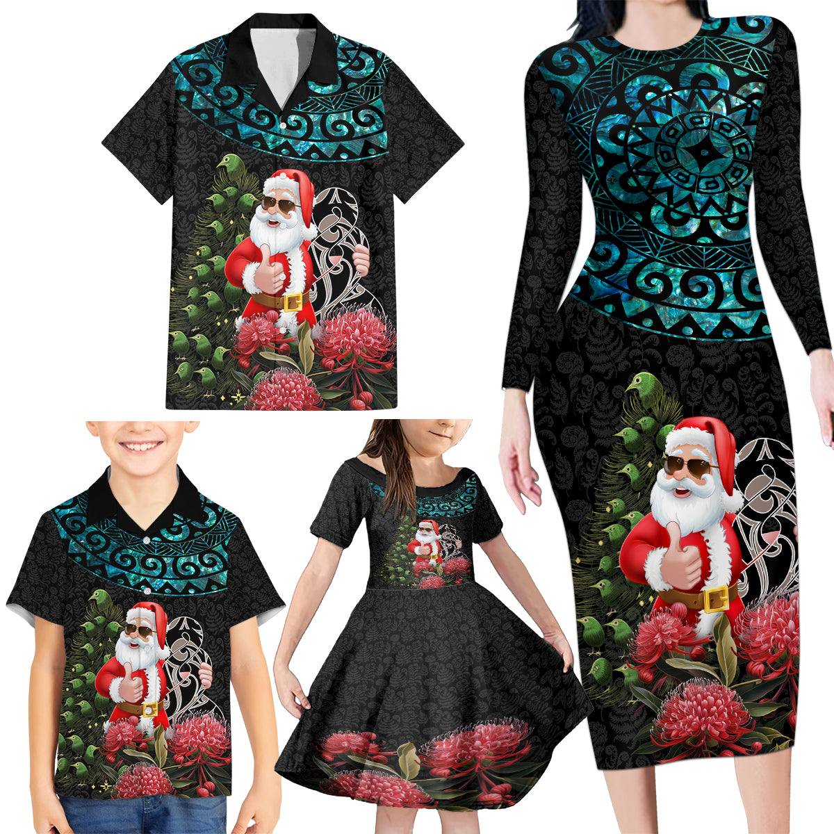 Personalized New Zealand Christmas Family Matching Long Sleeve Bodycon Dress and Hawaiian Shirt Maori Santa Pikorua and Pohutukawa Meri Kirihimete LT03 - Polynesian Pride