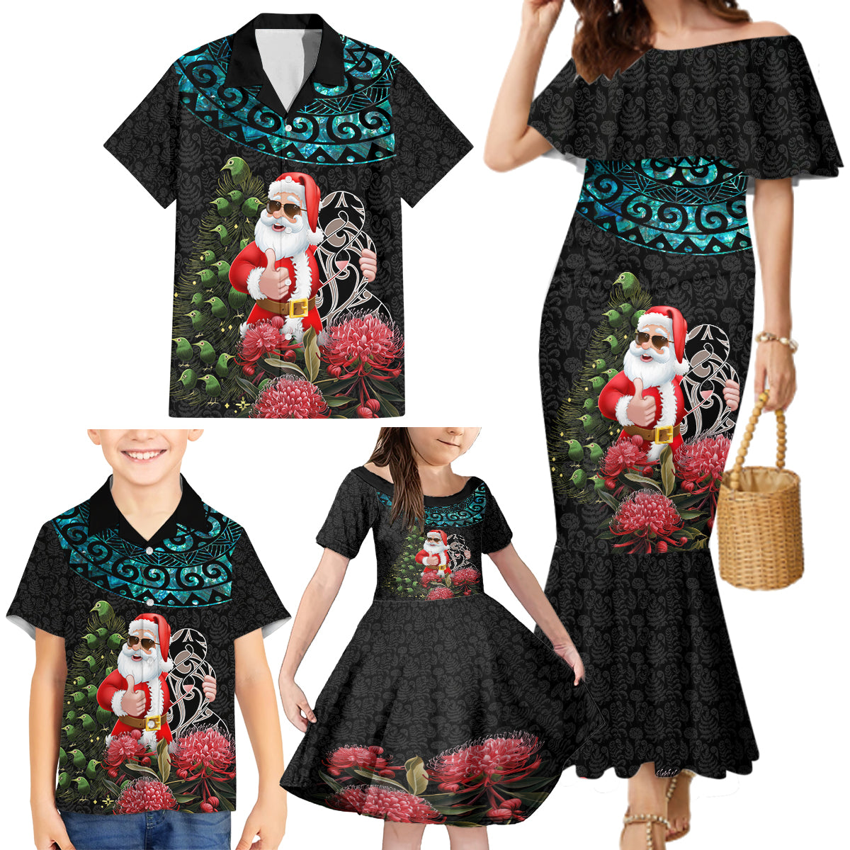 Personalized New Zealand Christmas Family Matching Mermaid Dress and Hawaiian Shirt Maori Santa Pikorua and Pohutukawa Meri Kirihimete LT03 - Polynesian Pride