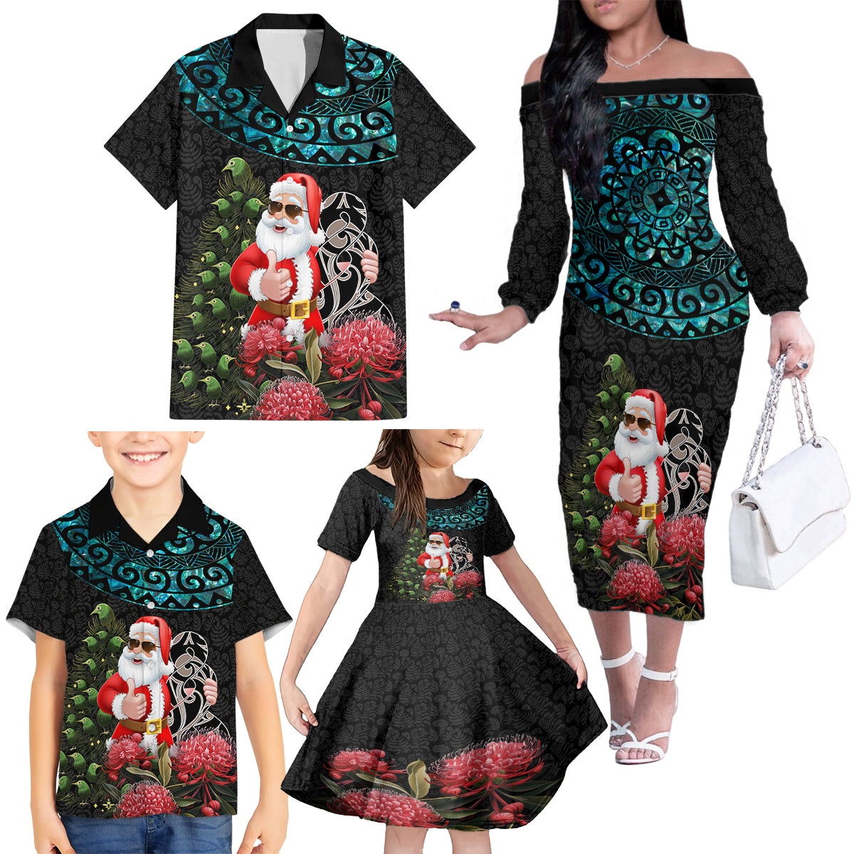 Personalized New Zealand Christmas Family Matching Off Shoulder Long Sleeve Dress and Hawaiian Shirt Maori Santa Pikorua and Pohutukawa Meri Kirihimete LT03 - Polynesian Pride