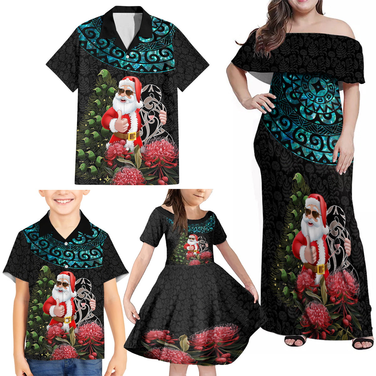 Personalized New Zealand Christmas Family Matching Off Shoulder Maxi Dress and Hawaiian Shirt Maori Santa Pikorua and Pohutukawa Meri Kirihimete LT03 - Polynesian Pride