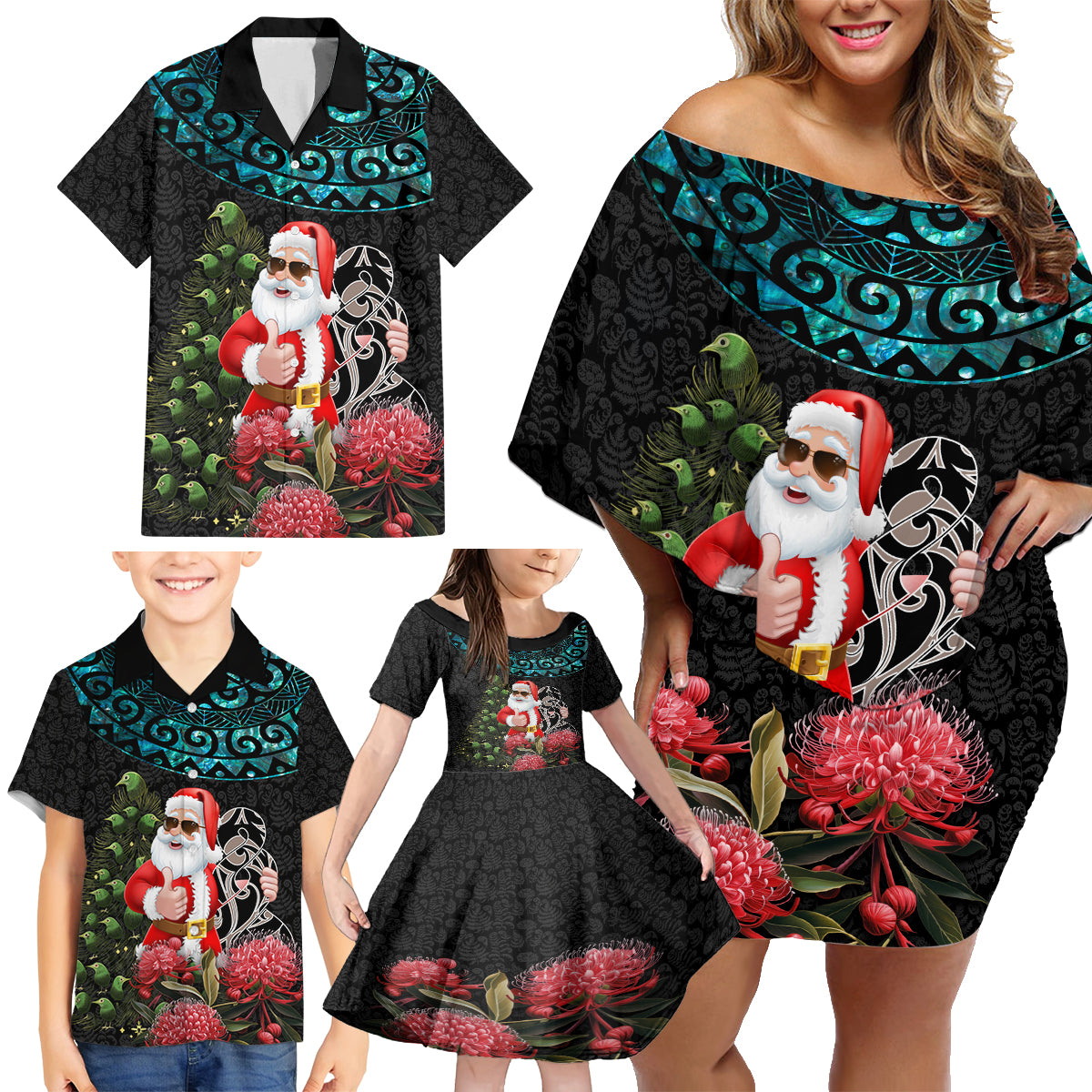 Personalized New Zealand Christmas Family Matching Off Shoulder Short Dress and Hawaiian Shirt Maori Santa Pikorua and Pohutukawa Meri Kirihimete LT03 - Polynesian Pride