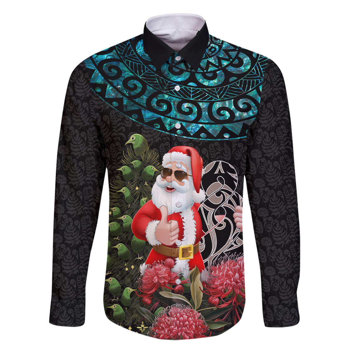 Personalized New Zealand Christmas Family Matching Off Shoulder Short Dress and Hawaiian Shirt Maori Santa Pikorua and Pohutukawa Meri Kirihimete LT03 Dad's Shirt - Long Sleeve Black - Polynesian Pride