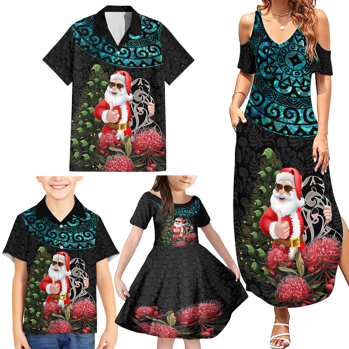 Personalized New Zealand Christmas Family Matching Summer Maxi Dress and Hawaiian Shirt Maori Santa Pikorua and Pohutukawa Meri Kirihimete LT03 - Polynesian Pride